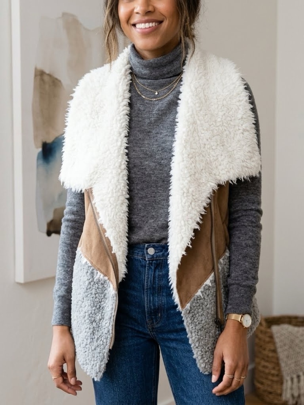 Anthropologie Saturday Sunday Sherpa Faux Suede Moto Vest Small